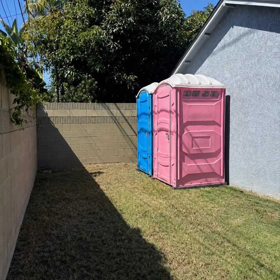 Pink and blue porta potties placed in a backyard side yard