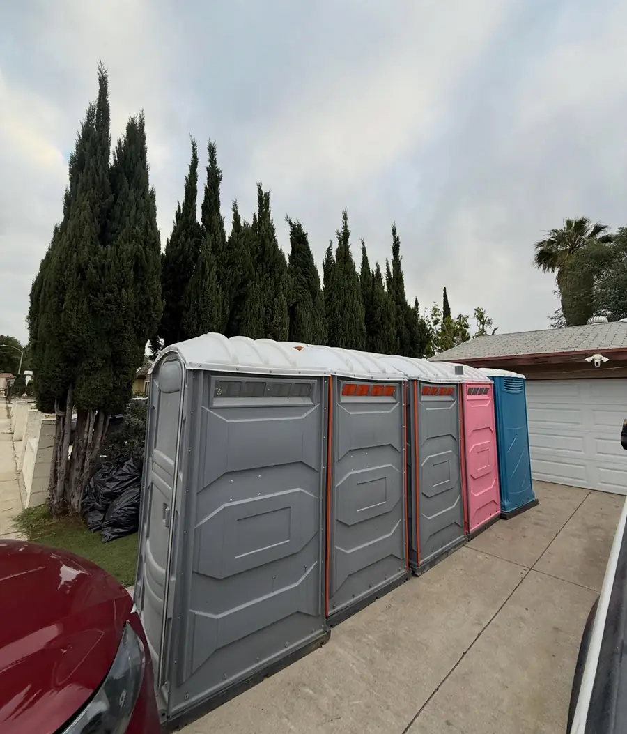 Row of gray, pink and blue porta potties along a residential street