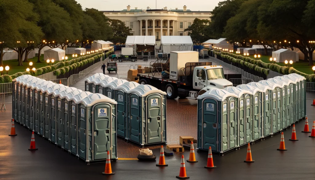 Festival porta potty bank with barricades in Frisco, Texas