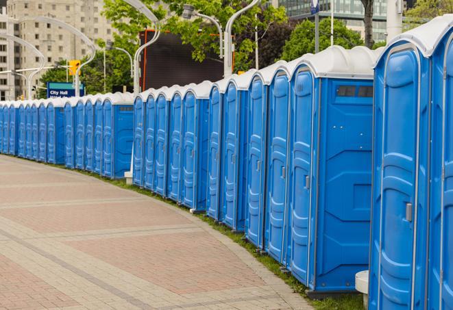 Seasonal porta potty units set up at a Frisco, Texas venue